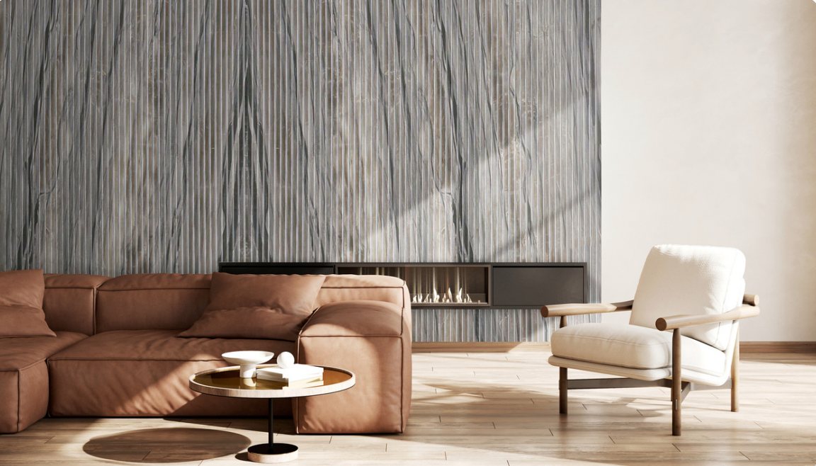 Sequoia Brown Marble Fluted Slab living room