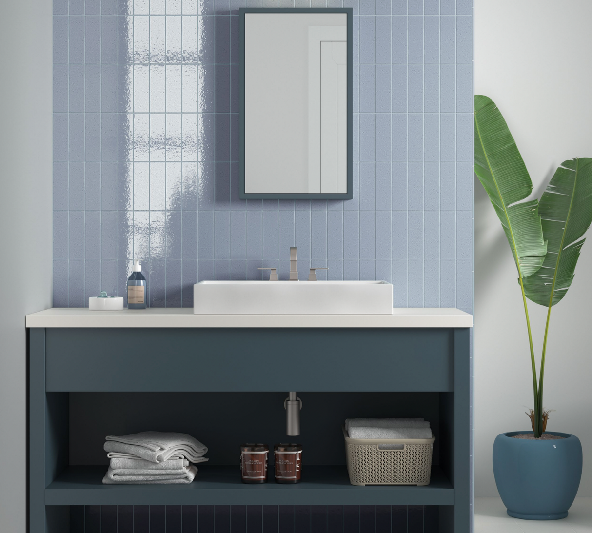 Kalma Powder Blue Subway Tile 2.5x8 bathroom