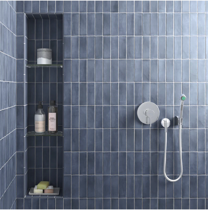 Soco Blue Matte Porcelain Tile 2x6 bathroom shower