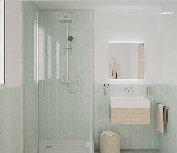 sage bathroom Alchemist Bevel Ceramic Tile 2x6
