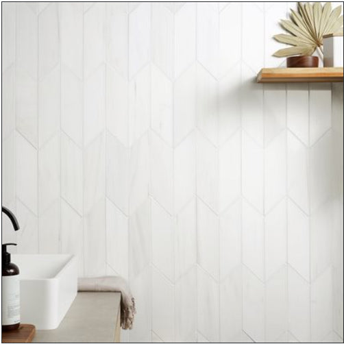 Bianco Dolomite Premium Chevron 3x12 kitchen wall