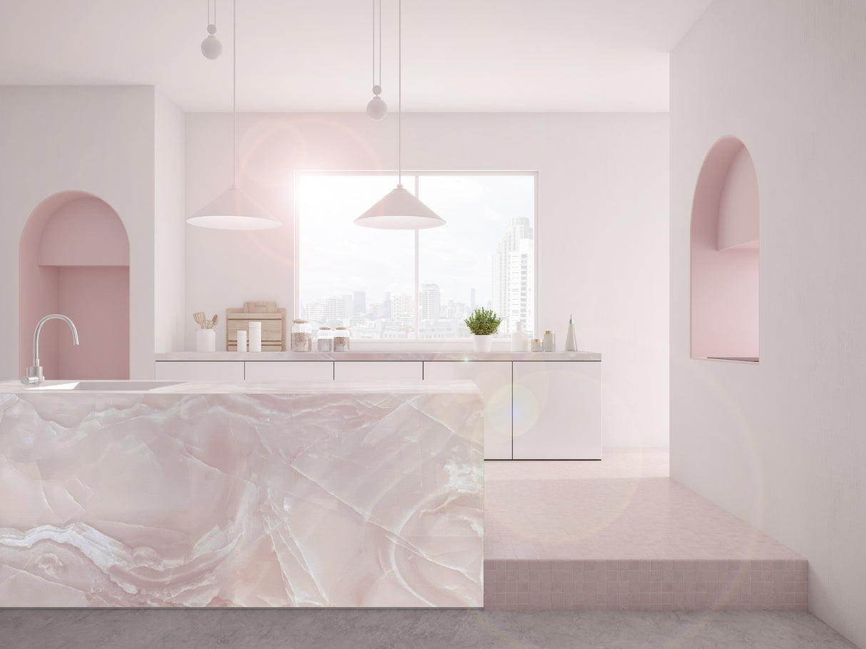 Cristallo Marmi Onice Rosa slab kitchen