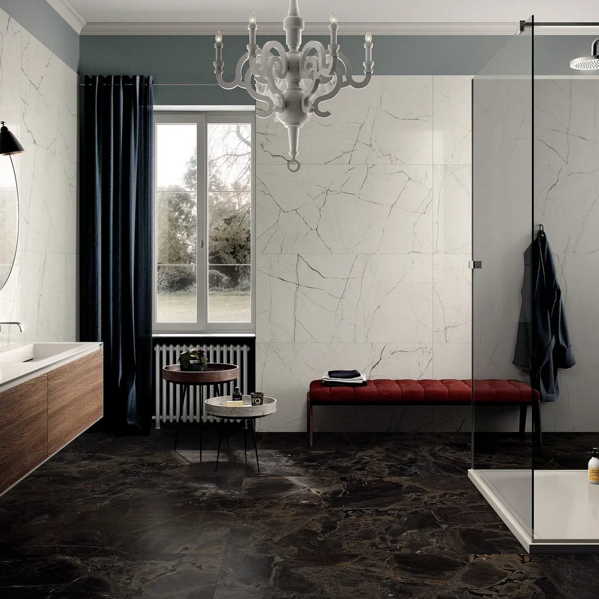Modern bathroom with chandelier and bench