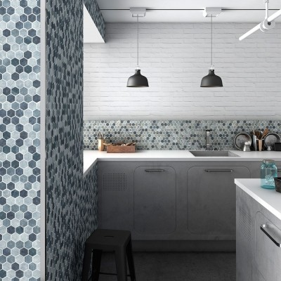 backsplash 1.4"x1.4" Terre Hexagon Glass Mosaic tile