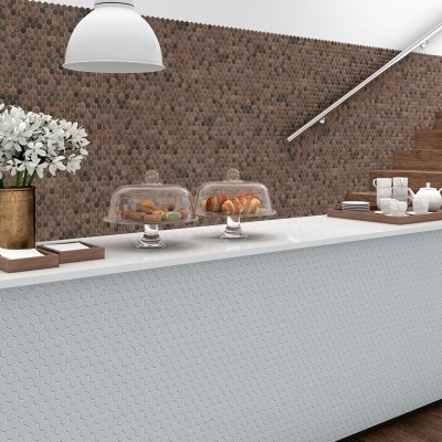 backsplash wall 1.4"x1.4" Wood Hexagon Glass Mosaic tile