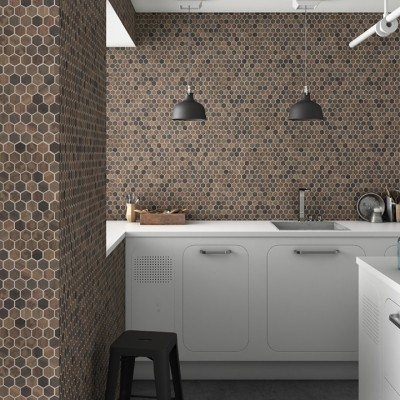 1.4"x1.4" Wood Hexagon Glass Mosaic