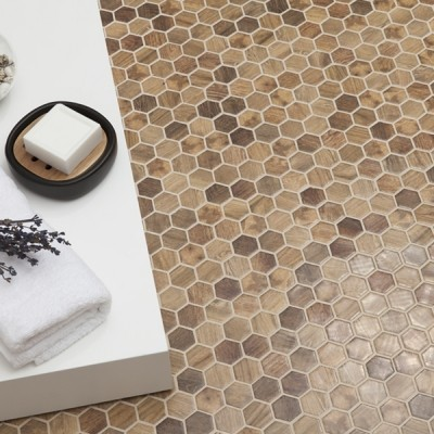 1.4"x1.4" Wood Hexagon Glass Mosaic