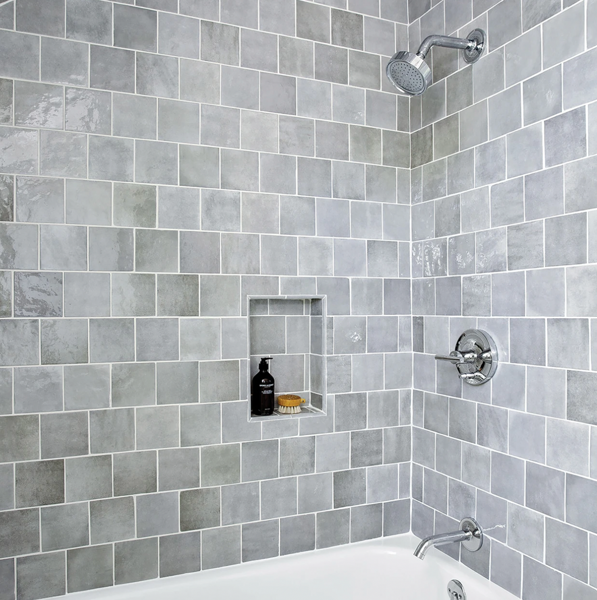 Cloe Ceramic Tile in Grey 5x5 bathroom