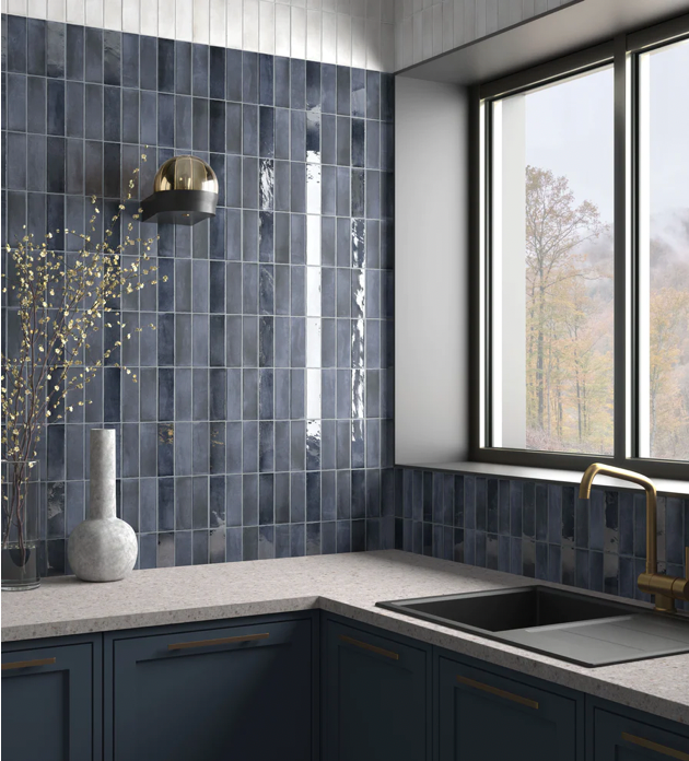Soco Blue Gloss Porcelain Tile 2x6 kitchen backsplash