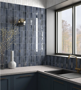Soco Blue Gloss Porcelain Tile 2x6 kitchen backsplash