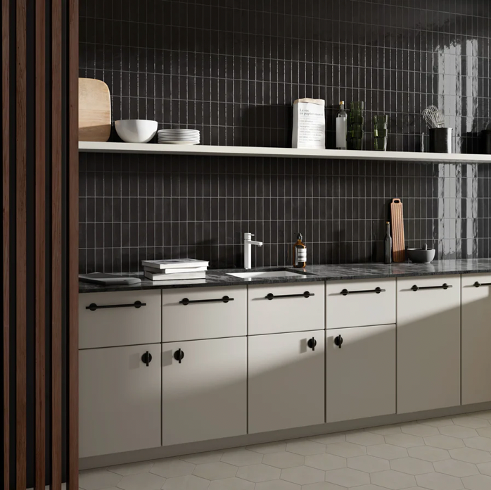 Soco Black Gloss Porcelain Tile 2x6 kitchen backsplash