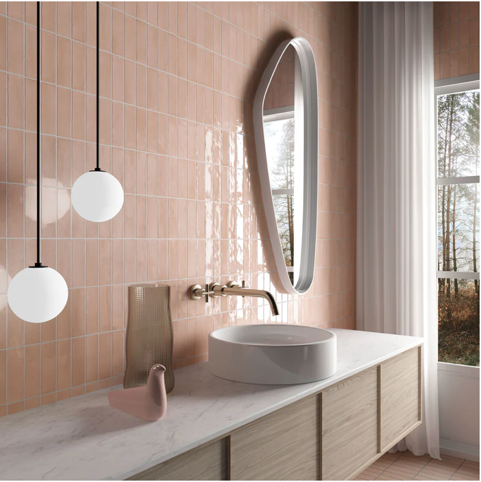 Soco Pink Gloss Porcelain Tile 2x6 bathroom wall
