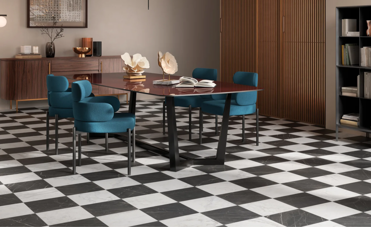 black and white italian porcelain tile on floor