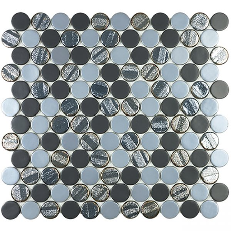 1"x1" Bright Penny Round Glass Mosaic aqua black tile