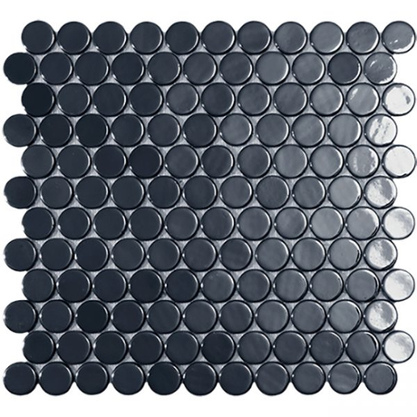 1"x1" Bright Penny Round Glass Mosaic bright black tile