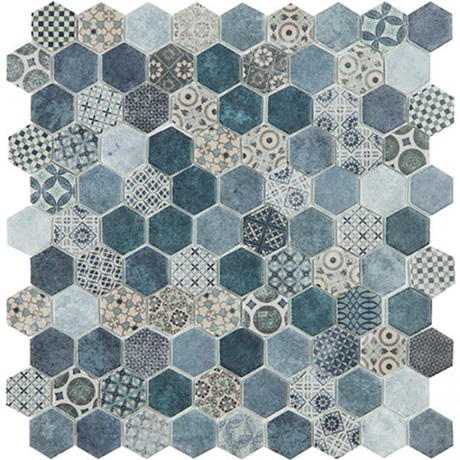 decor blue mix 1.4"x1.4" Terre Hexagon Glass Mosaic tile