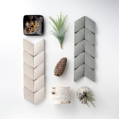 Sandstone Mint chevron dimensional wall tile flat lay.
